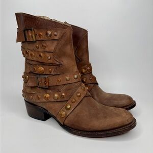 Freebird by Steven Haley Moto Boots 7M Brown Studded Leather Zip Ankle Western